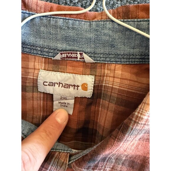 Carhartt Mens 2XL Relaxed Fit Plaid Short-Sleeve Button-Up Shirt Orange/Brown - Picture 6 of 10